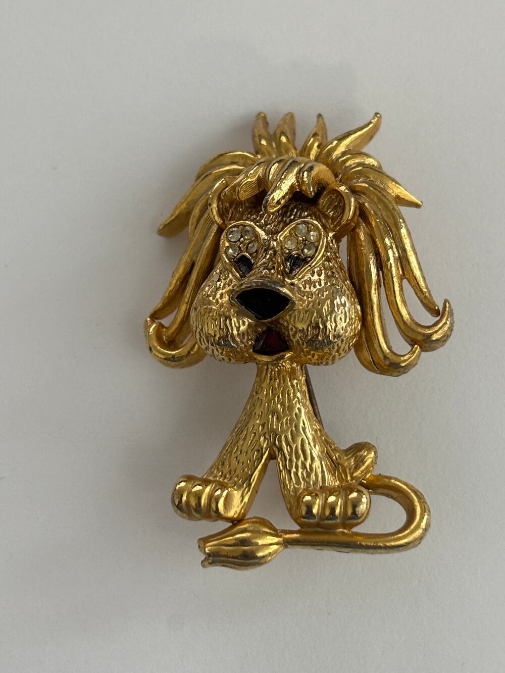 Sphinx Gold Tone Enamel Rhinestone Shaggy Lion Brooch, Numbered A1391 Very Good